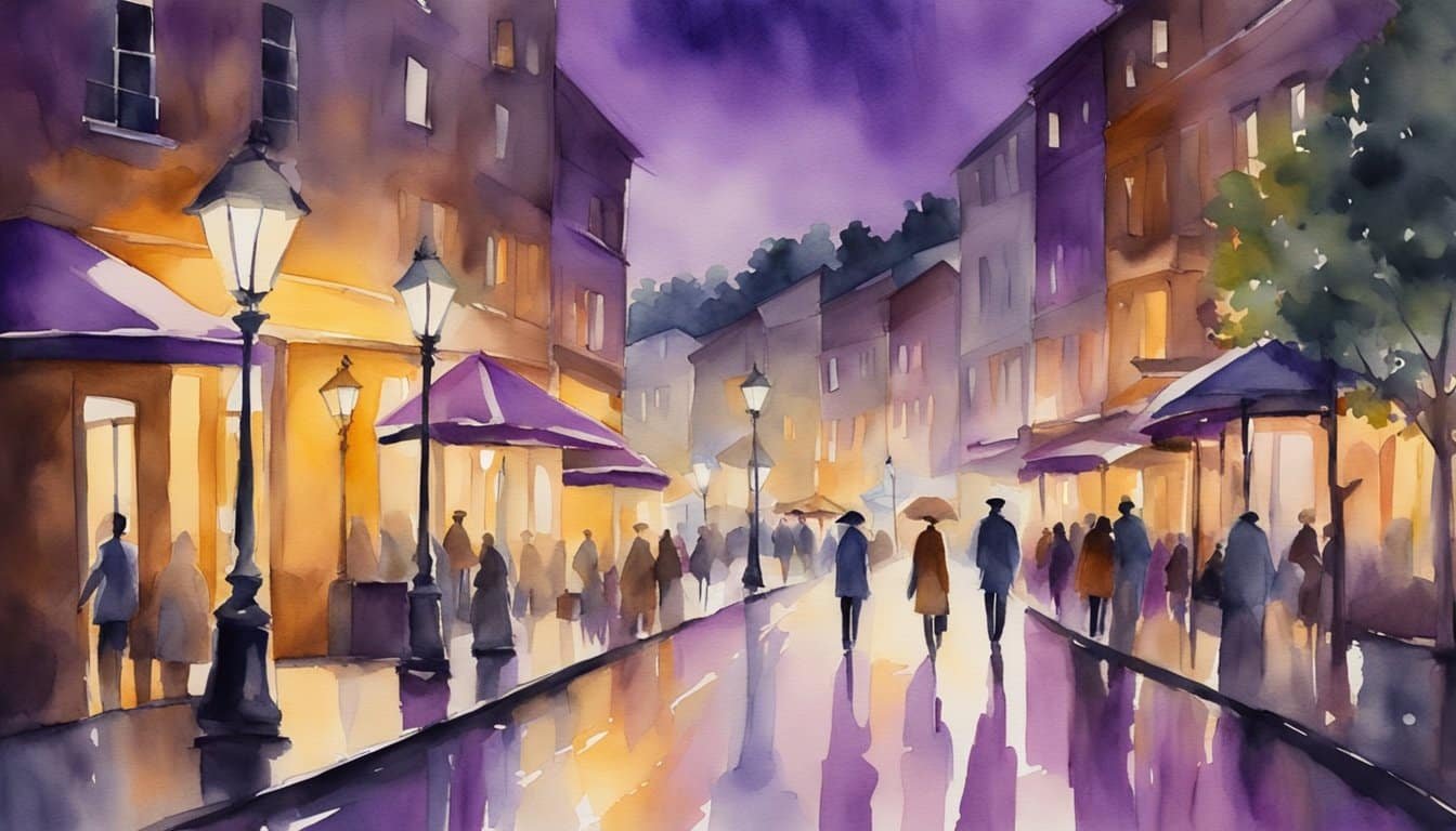 The purple street lights cast a striking glow, capturing the attention of passersby and creating a unique and otherworldly atmosphere