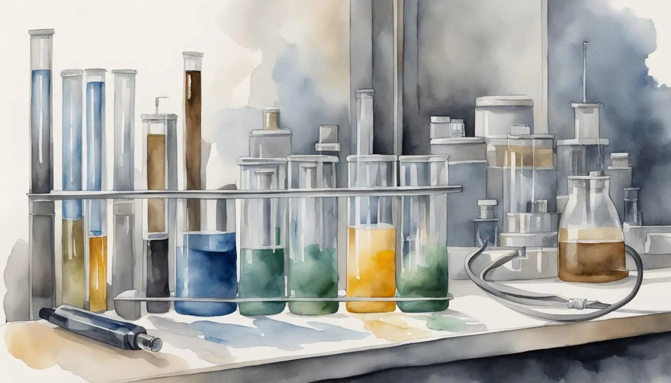 A laboratory setting with test tubes and scientific equipment, focusing on a strand of hair transitioning from gray to its original color