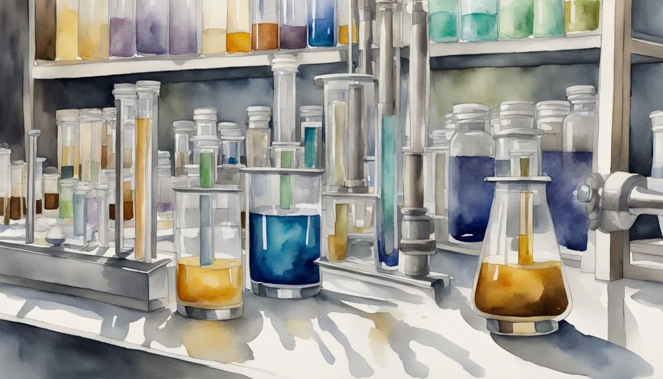 A laboratory setting with test tubes and scientific equipment, showcasing the process of reversing grey hair through hair re-pigmentation