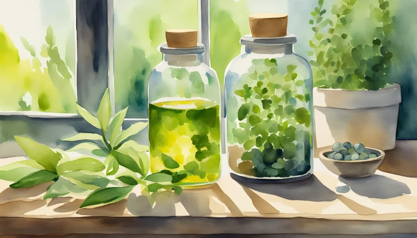 A bottle of natural remedies and supplements sits on a wooden table, surrounded by vibrant green herbs and plants. The sunlight streams in, casting a warm glow on the scene