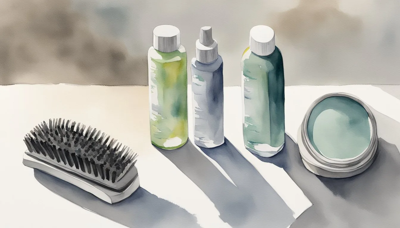 A bottle of hair treatment sits next to a comb and mirror on a clean, white countertop. A before-and-after photo of grey hair is displayed prominently
