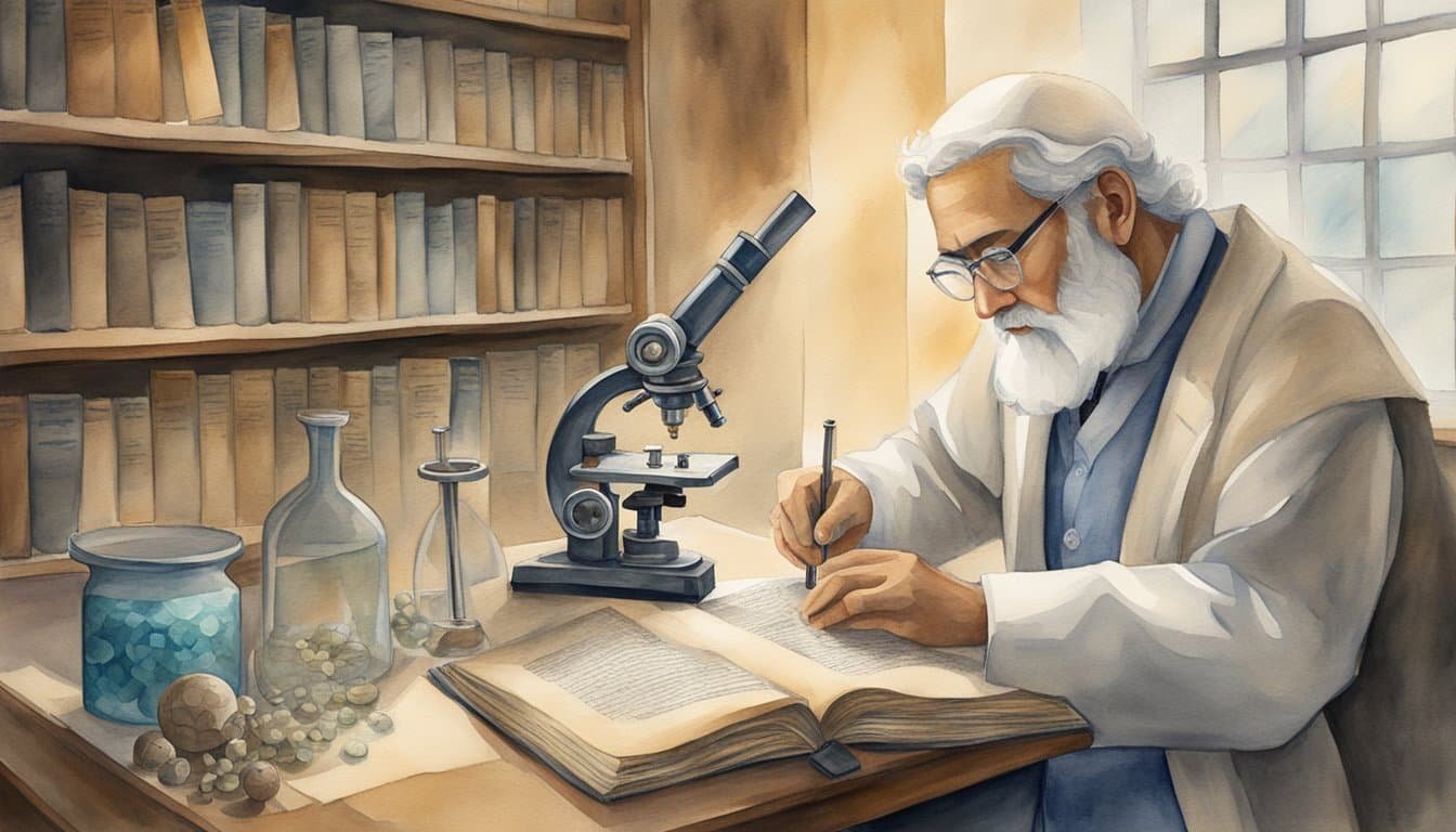 A scientist examines ancient texts alongside a microscope and DNA strands, revealing the interplay of science and religion in the evidence of a higher power