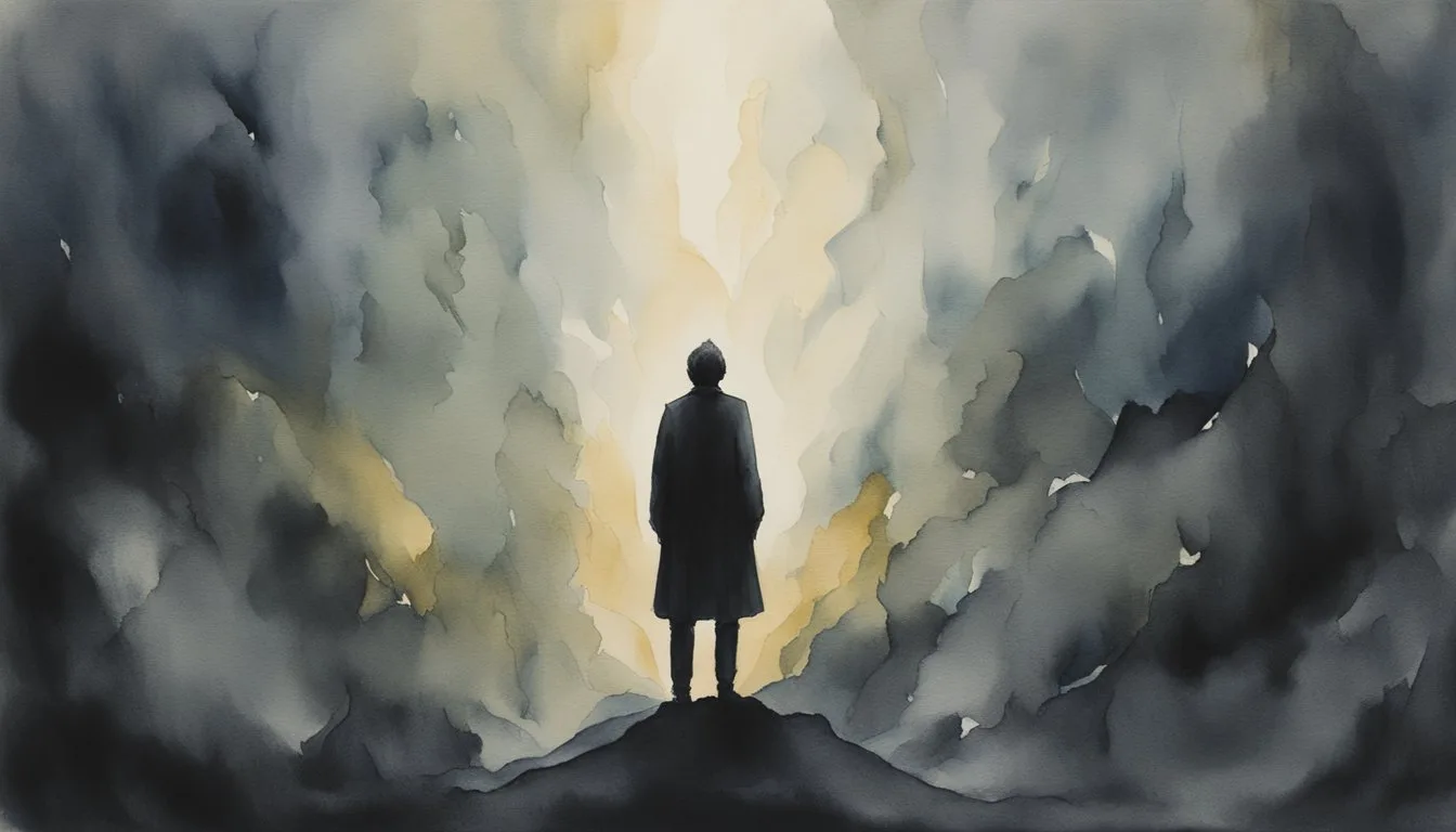 A dark shadow looms over a figure, surrounded by pointing fingers and whispering voices. The weight of shame hangs heavy in the air