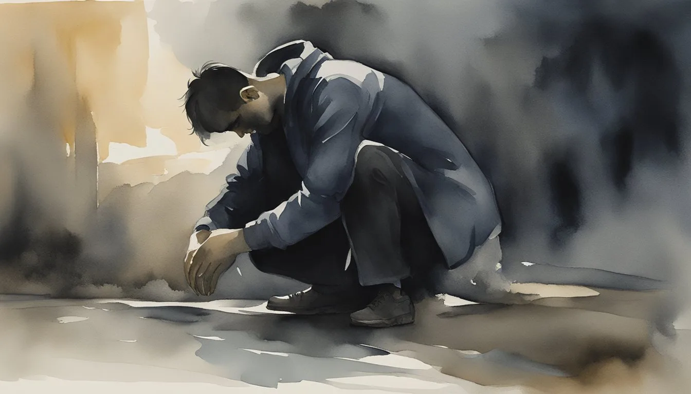 A figure hunched over, head bowed, surrounded by dark shadows and a heavy, oppressive atmosphere