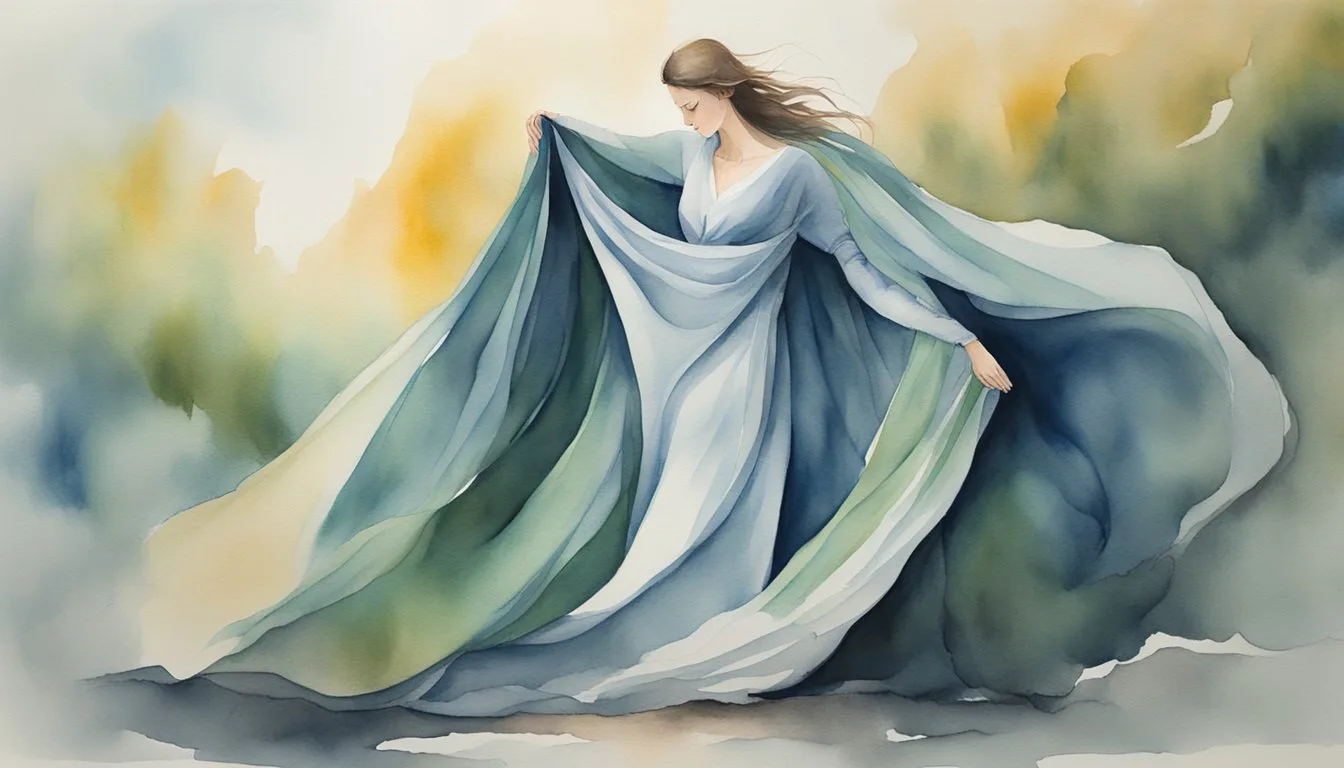 A figure stands tall, shedding a heavy cloak. The weight of shame lifts, revealing a sense of strength and empowerment