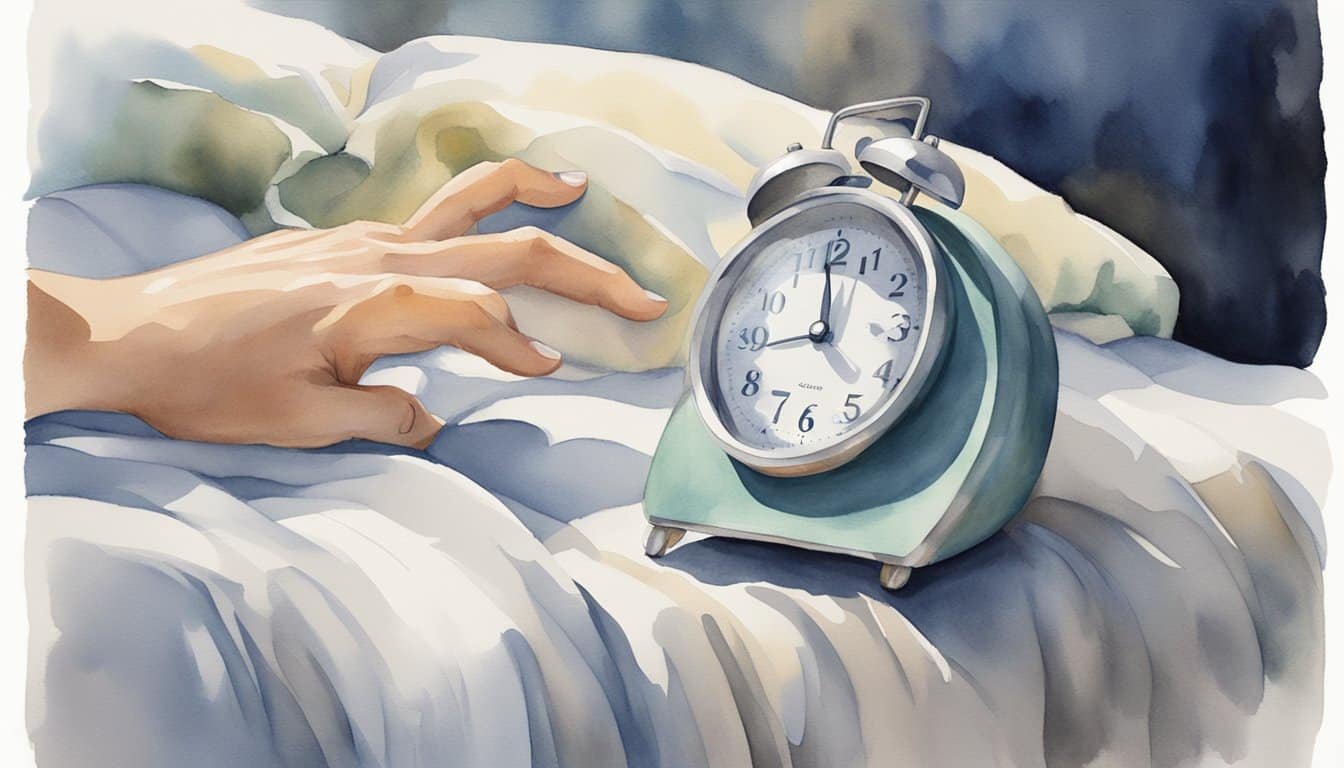 A person's hand reaches out to hit a snooze button on an alarm clock, while their body remains in bed, showing the biological and psychological effects of disrupted sleep on health