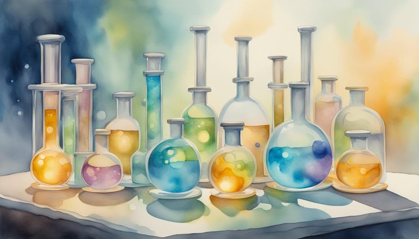 Mysterious vials bubble and emit a soft glow, as strange matter swirls and shifts within a laboratory setting