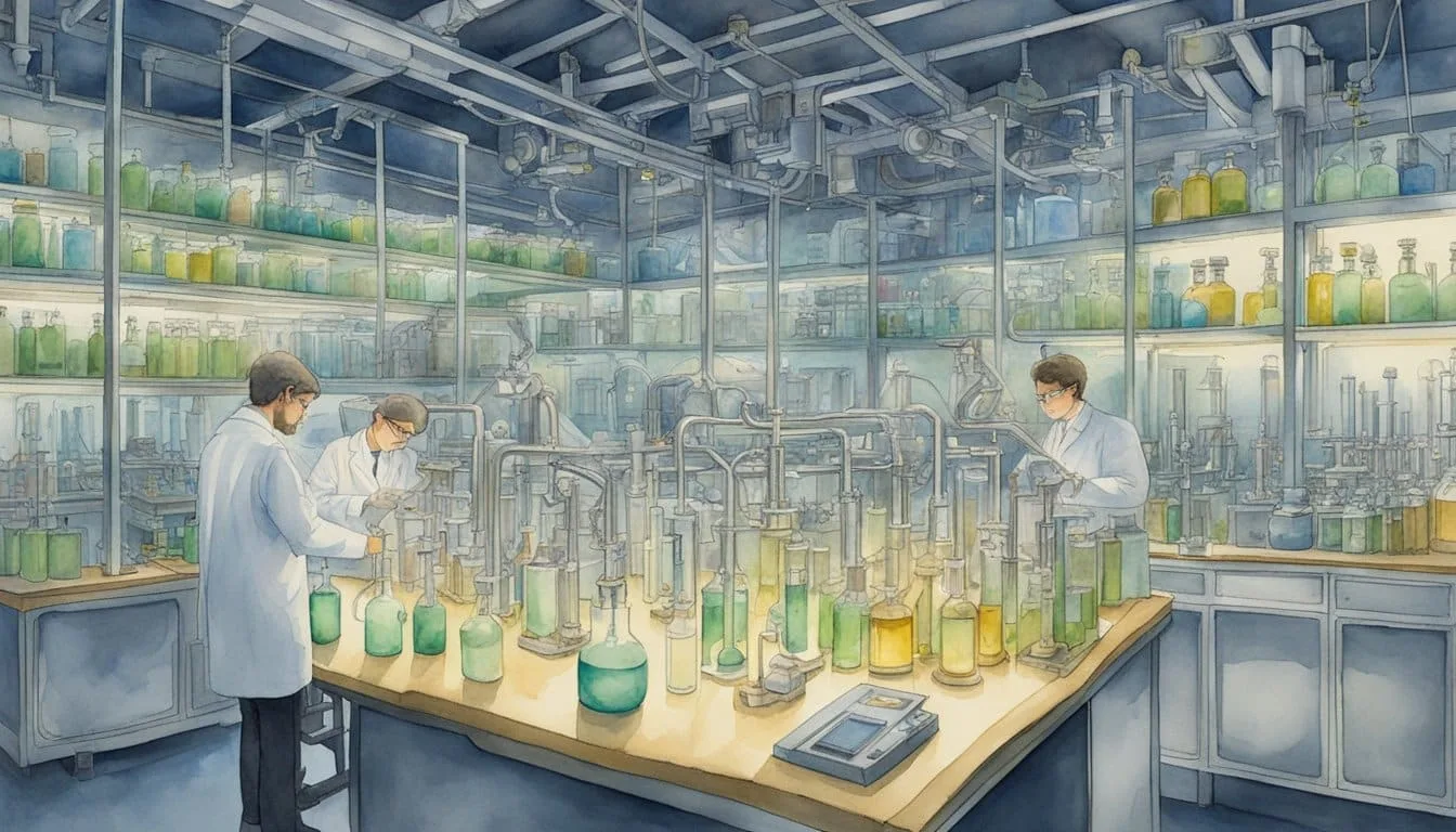 A lab filled with glowing vials and complex machinery, surrounded by scientists in white coats studying strange matter