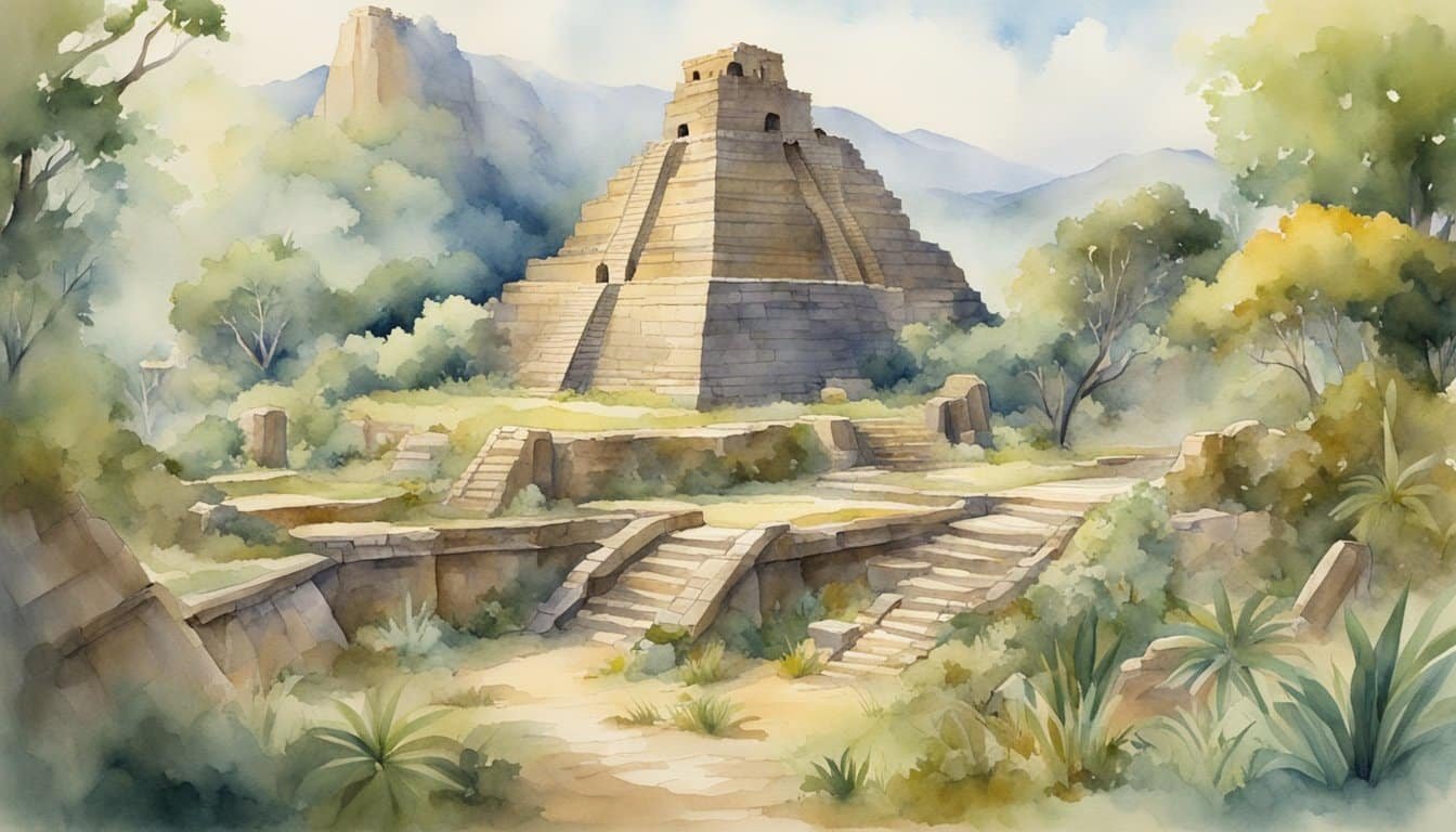 The scene depicts ancient artifacts and ruins from the first American civilizations, surrounded by lush vegetation and wildlife