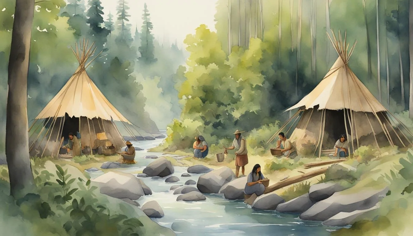 First Americans gather food, build shelters, and create tools in a lush forest near a flowing river