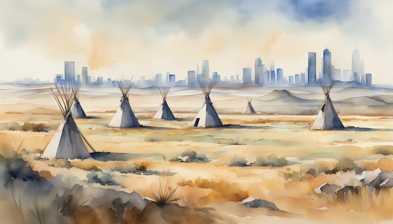 Vast plains with scattered teepees, ancient ruins, and modern skyscrapers in the background, symbolizing the continuity and change in Ancient America