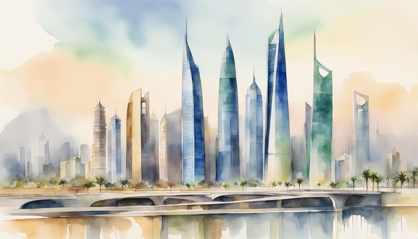 A modern city skyline in Saudi Arabia, featuring sleek skyscrapers and futuristic infrastructure