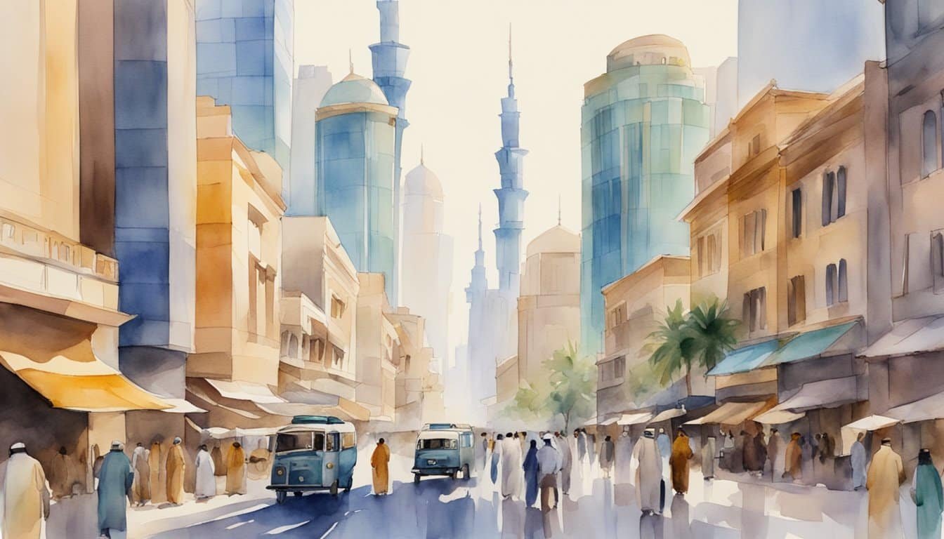 A bustling city street in Saudi Arabia, with modern skyscrapers and traditional architecture, bustling with people and vibrant colors