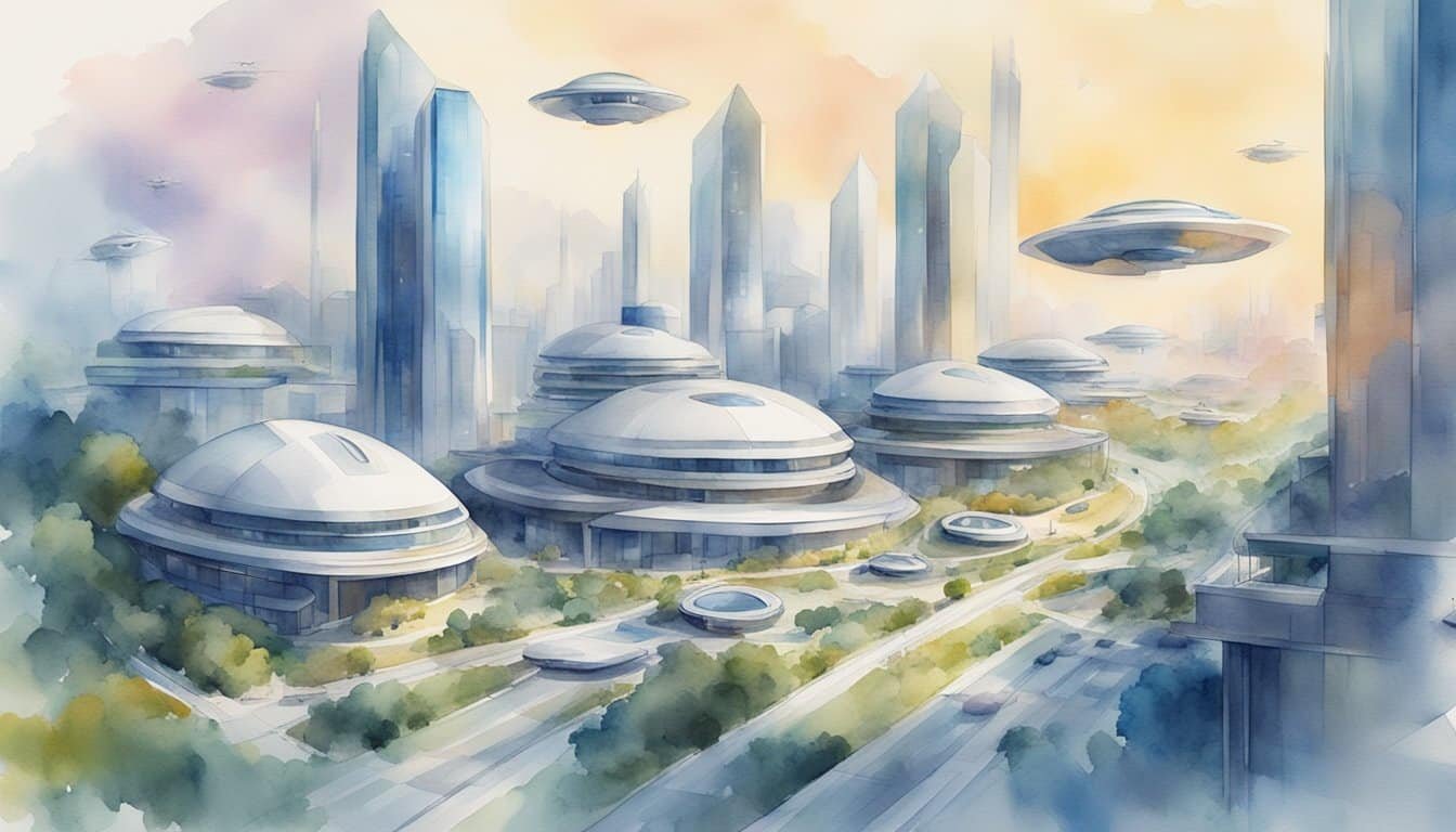 A group of futuristic buildings with sleek designs and advanced technology, surrounded by flying drones and automated vehicles