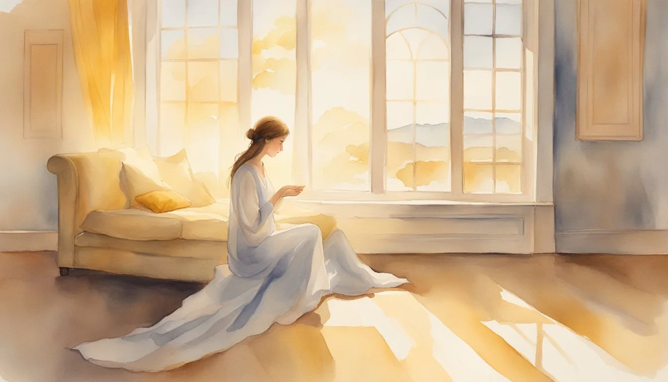 A serene figure floats above their body, surrounded by a warm, golden light. The room is peaceful, with soft, ethereal music playing in the background