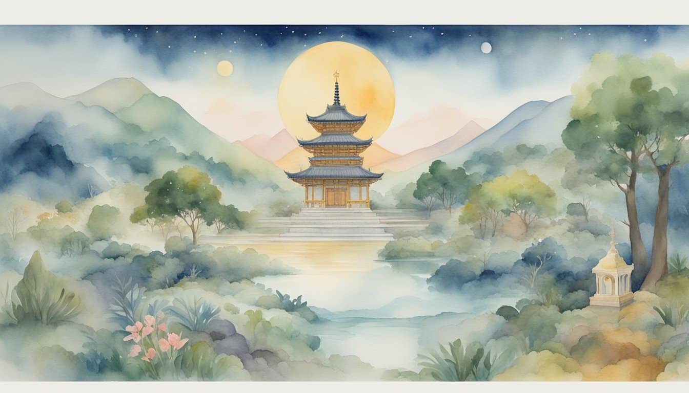 A serene, ethereal landscape with symbols of various cultural beliefs about the afterlife, such as religious symbols, ancestral shrines, and celestial imagery