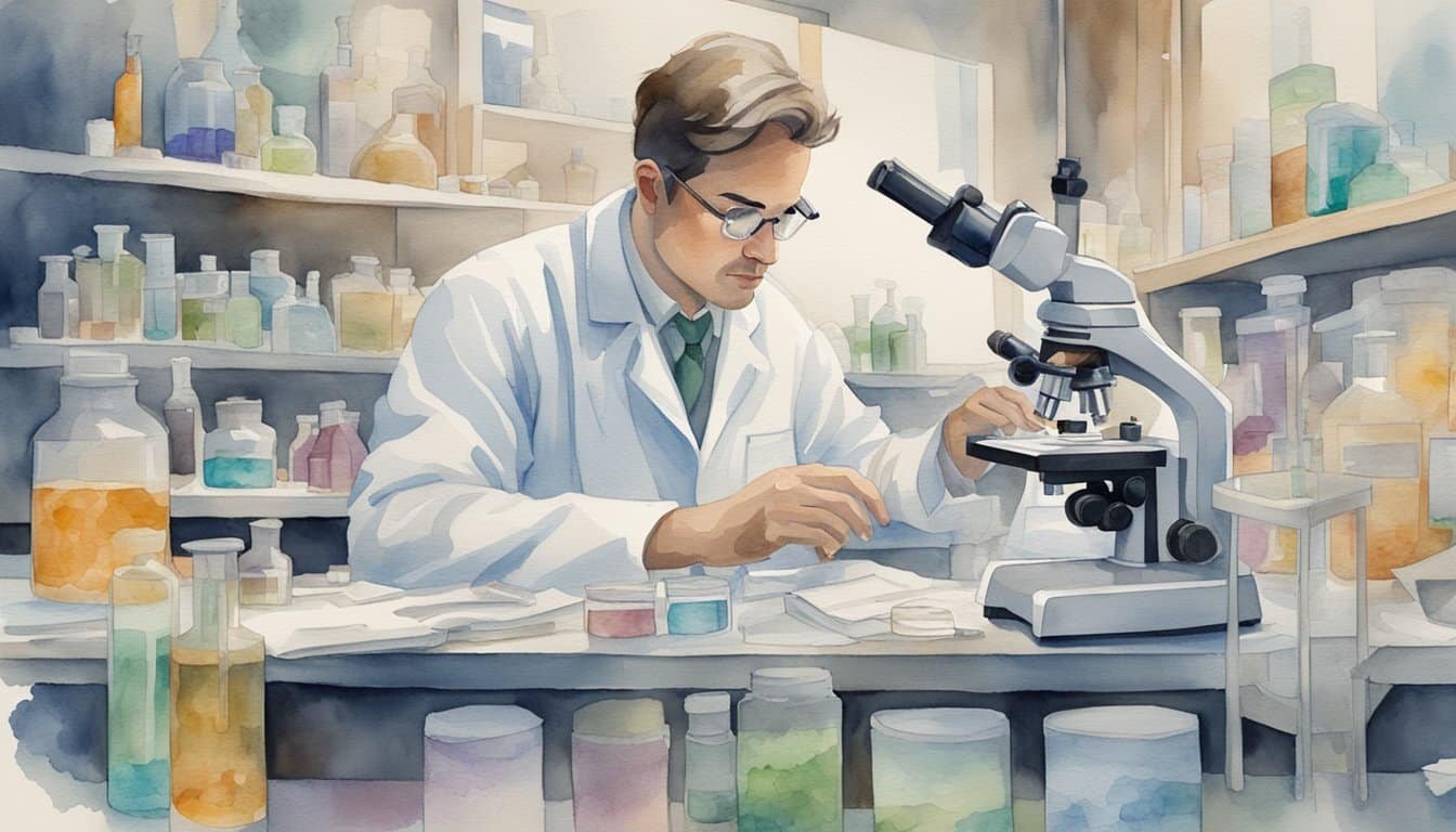 A scientist in a lab, surrounded by research papers and equipment, studying a microscope slide of inner ear cells