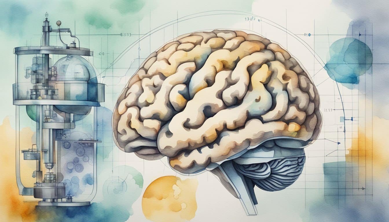 A brain surrounded by scientific equipment with a graph showing a small percentage highlighted