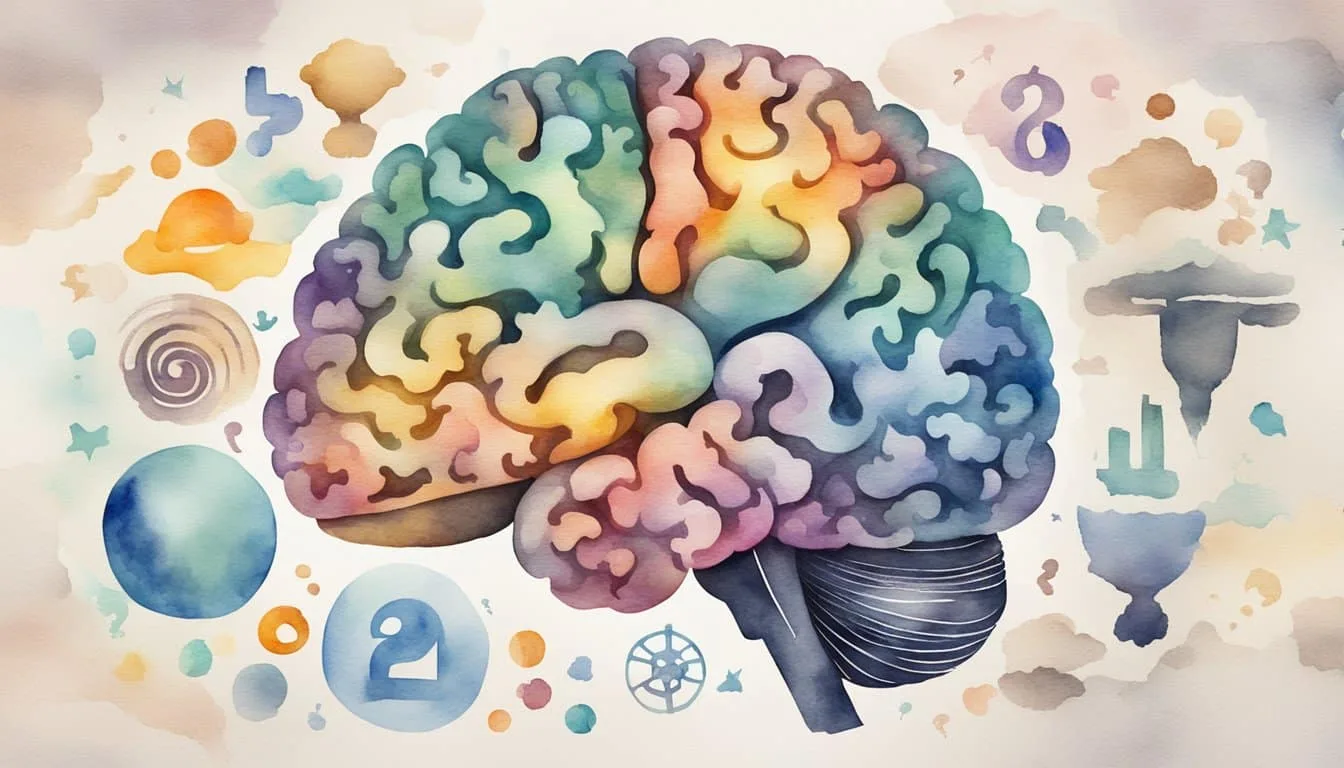 A brain with a question mark hovering over it, surrounded by various cultural symbols and misconceptions