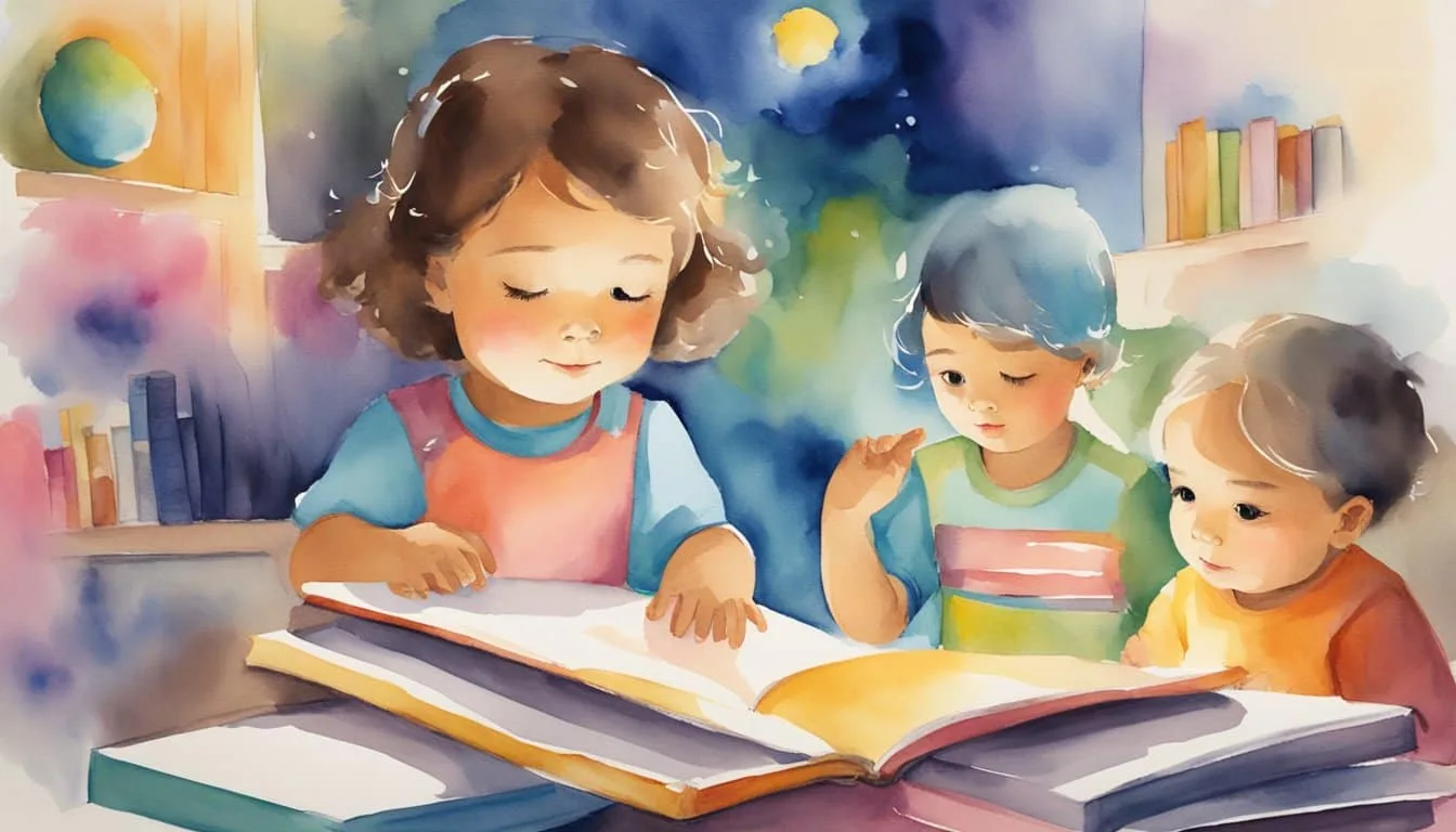 A child's eyes light up as they listen to a parent speaking. Books, toys, and colorful images surround them, creating a stimulating environment for language development