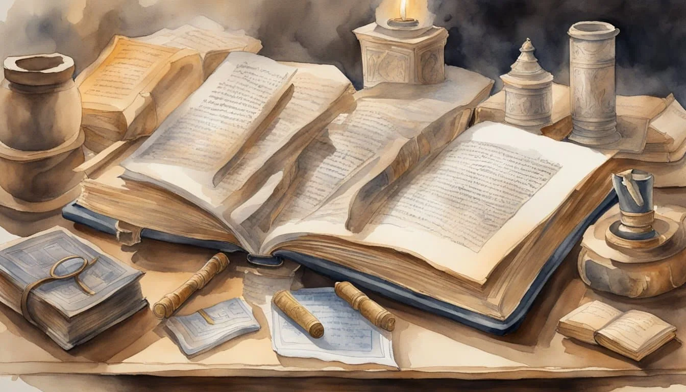 A book lies open on a table, surrounded by ancient scrolls and tablets. The words "What was the first language" are written in bold letters on the page