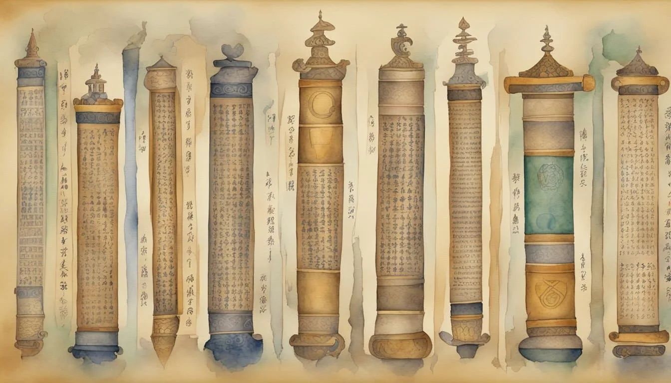 A collection of ancient scrolls and tablets, each inscribed with unique symbols and characters, representing the diverse and endangered languages of the world