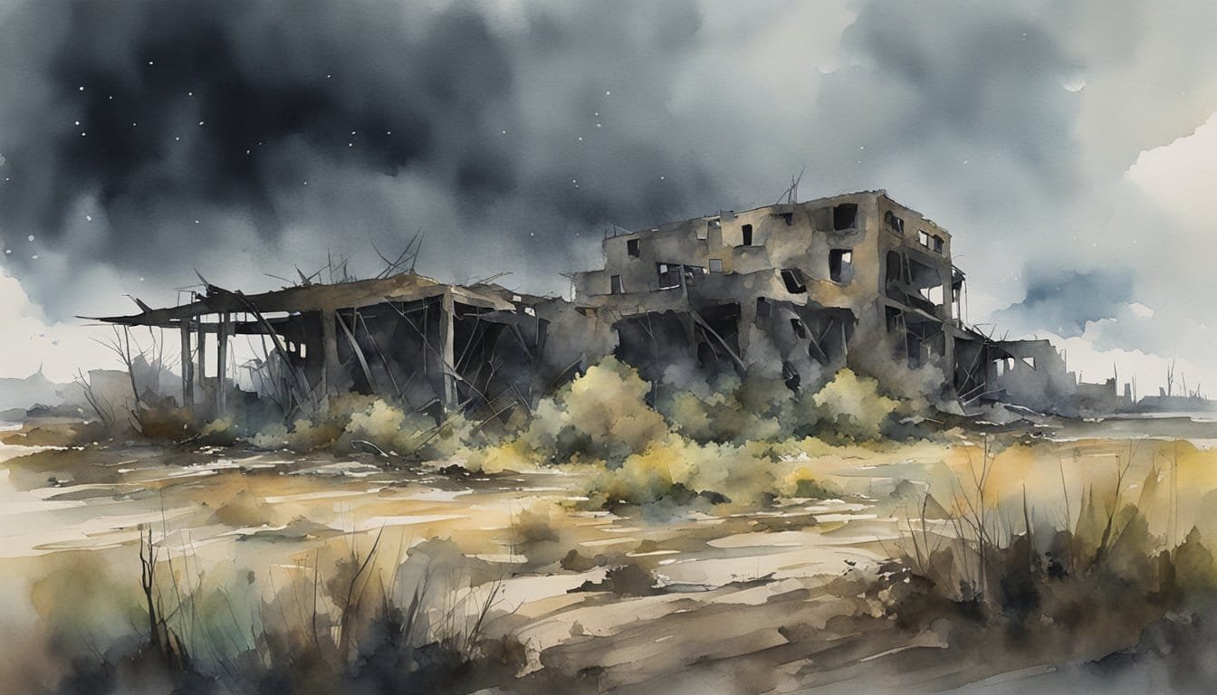 A desolate, post-apocalyptic landscape with crumbling buildings and overgrown vegetation, under a dark, foreboding sky