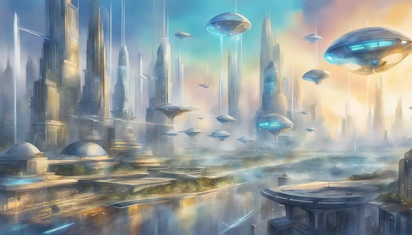 A futuristic city with advanced technology, robots, and flying vehicles. A holographic display shows predictions of human extinction