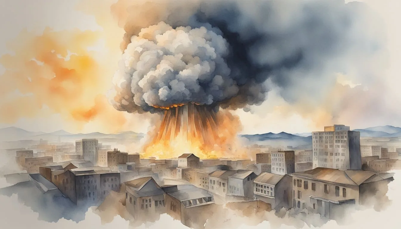 A nuclear explosion devastates a city, with buildings crumbling and fires raging. Mushroom cloud rises in the distance