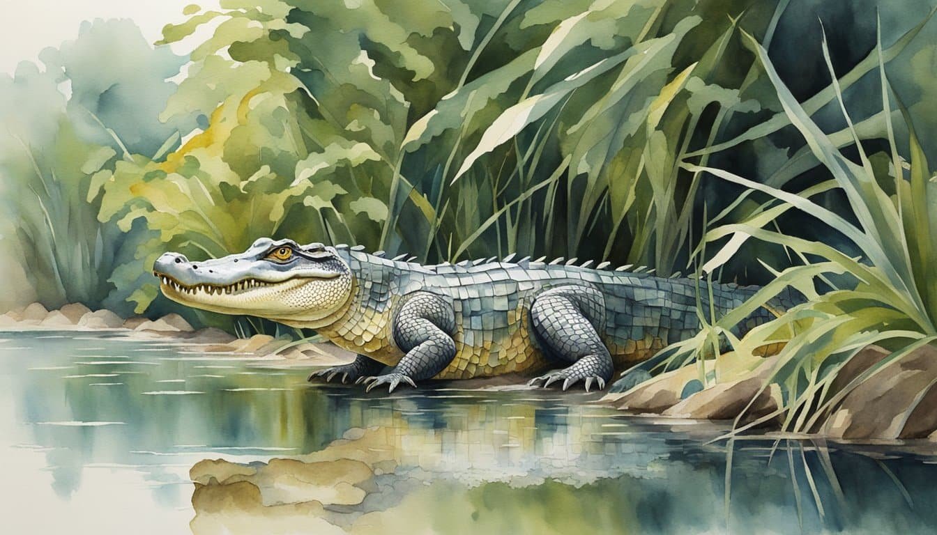 A crocodile lurks at the water's edge, its sharp eyes scanning for prey.</p><p>The dense foliage of the surrounding land adds to the sense of danger emanating from the powerful predator