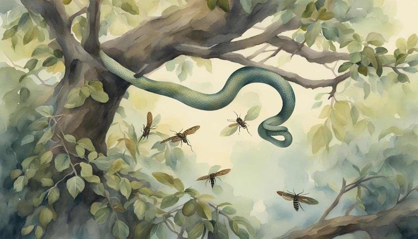 A venomous snake coils around a tree branch, while a swarm of insects buzzes menacingly nearby