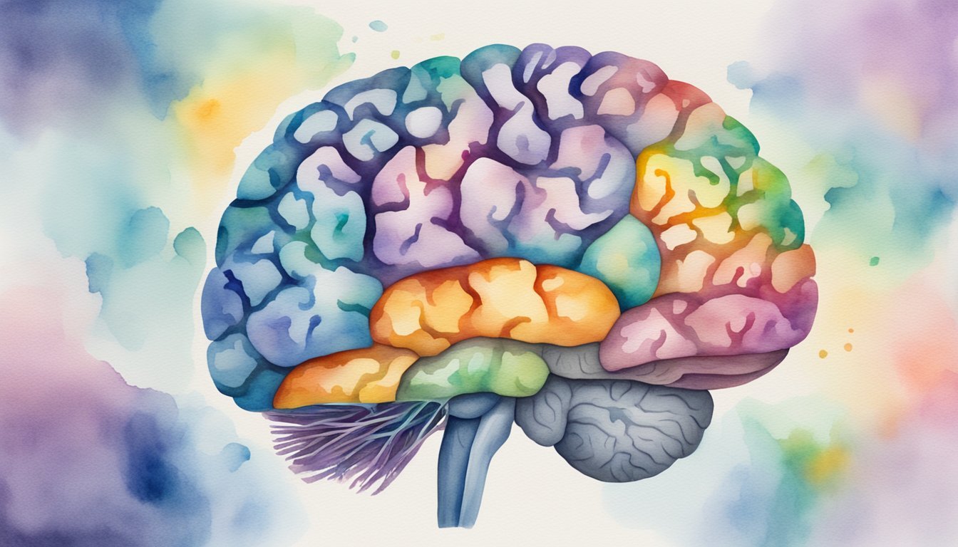 A brain with disrupted acetylcholine signaling, causing Alzheimer's symptoms, surrounded by support resources and treatments