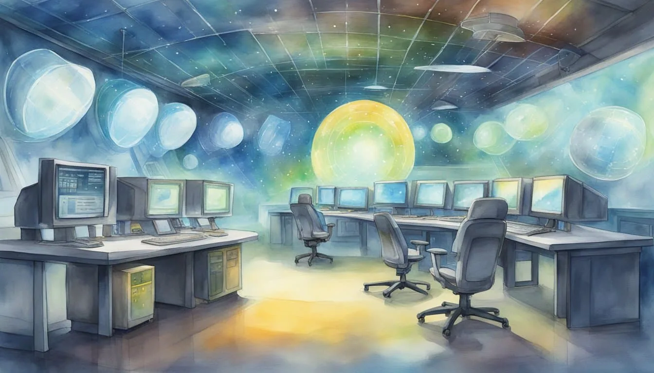 Alien detection equipment scans for evidence, emitting bright lights and emitting a low hum. Screens display complex data and images of unidentified objects