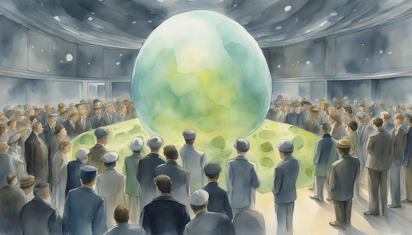 A crowd gathers around a mysterious object, while government officials examine alien evidence