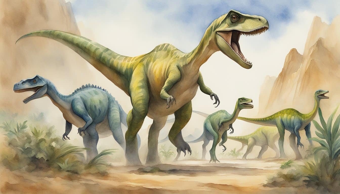 Bird-like dinosaurs roam, while others face extinction