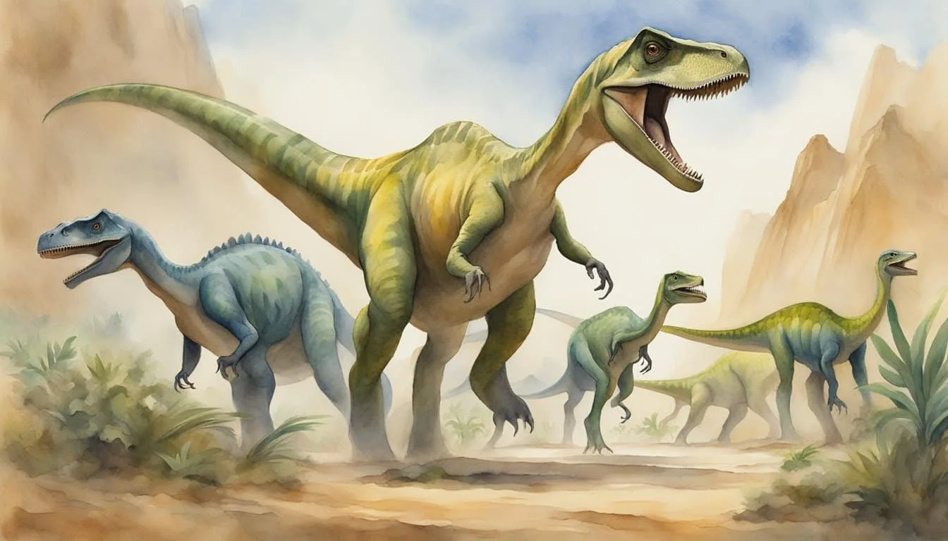 Bird-like dinosaurs roam, while others face extinction
