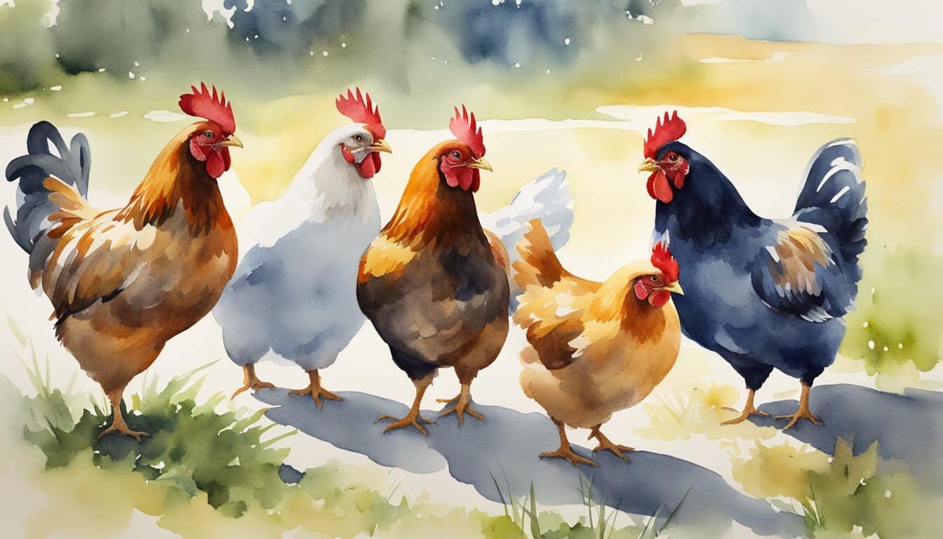 Chickens interact in a group, displaying social behaviors.</p><p>They communicate through vocalizations and body language, showing signs of intelligence