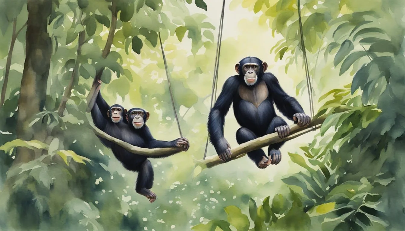 Chimpanzees climb and swing in a lush forest, displaying both curiosity and power. A warning sign nearby indicates the potential dangers of interacting with these wild animals