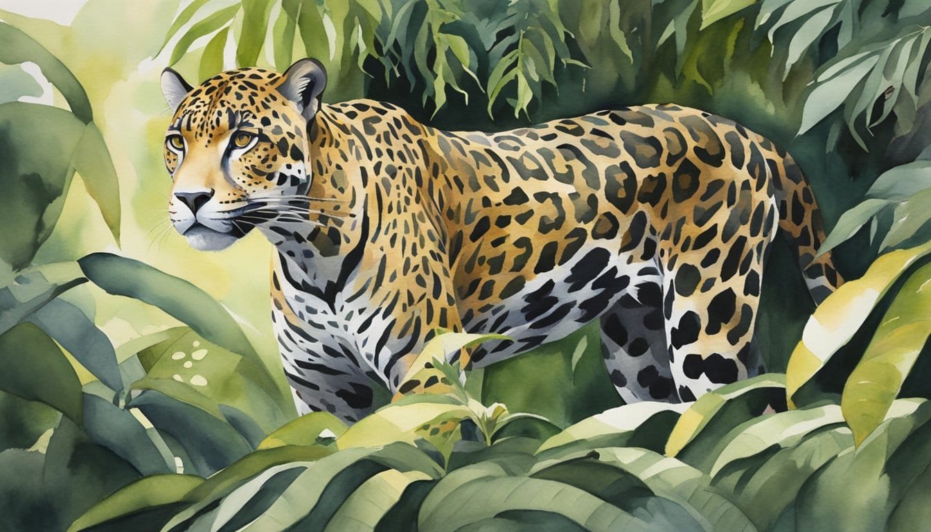 A jaguar prowls through dense jungle foliage, its sleek coat blending with the shadows.</p><p>It pauses, muscles coiled, before launching into a powerful leap