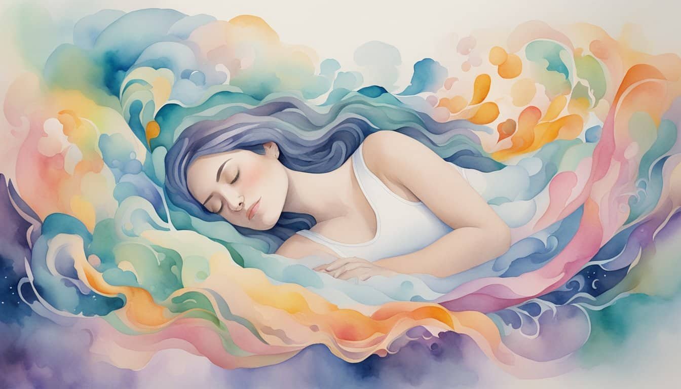 A person sleeping peacefully with colorful, swirling dream imagery floating above their head