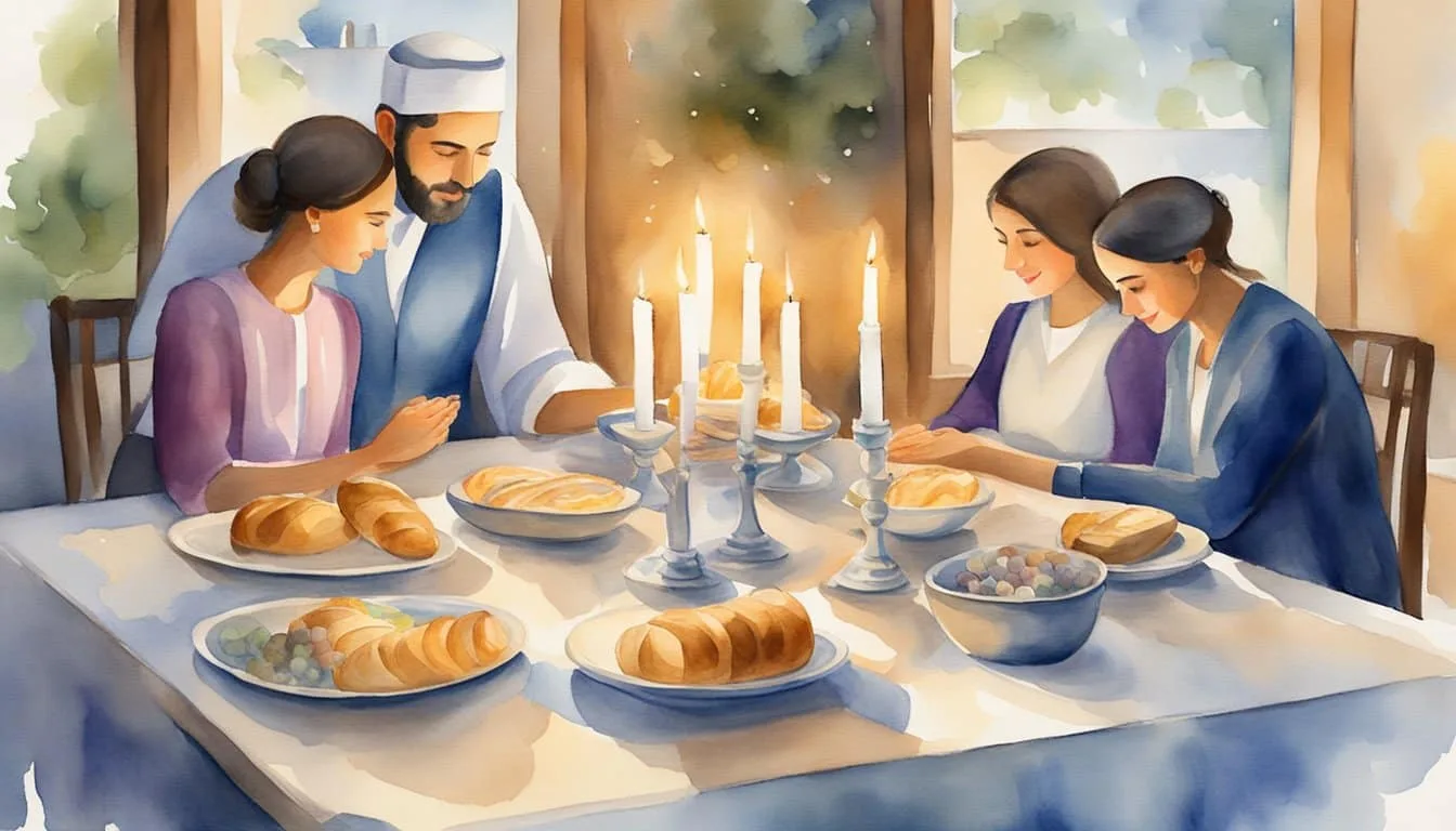 A traditional Ashkenazi Jewish family celebrating Shabbat with candle lighting, challah bread, and prayer books on a beautifully set table