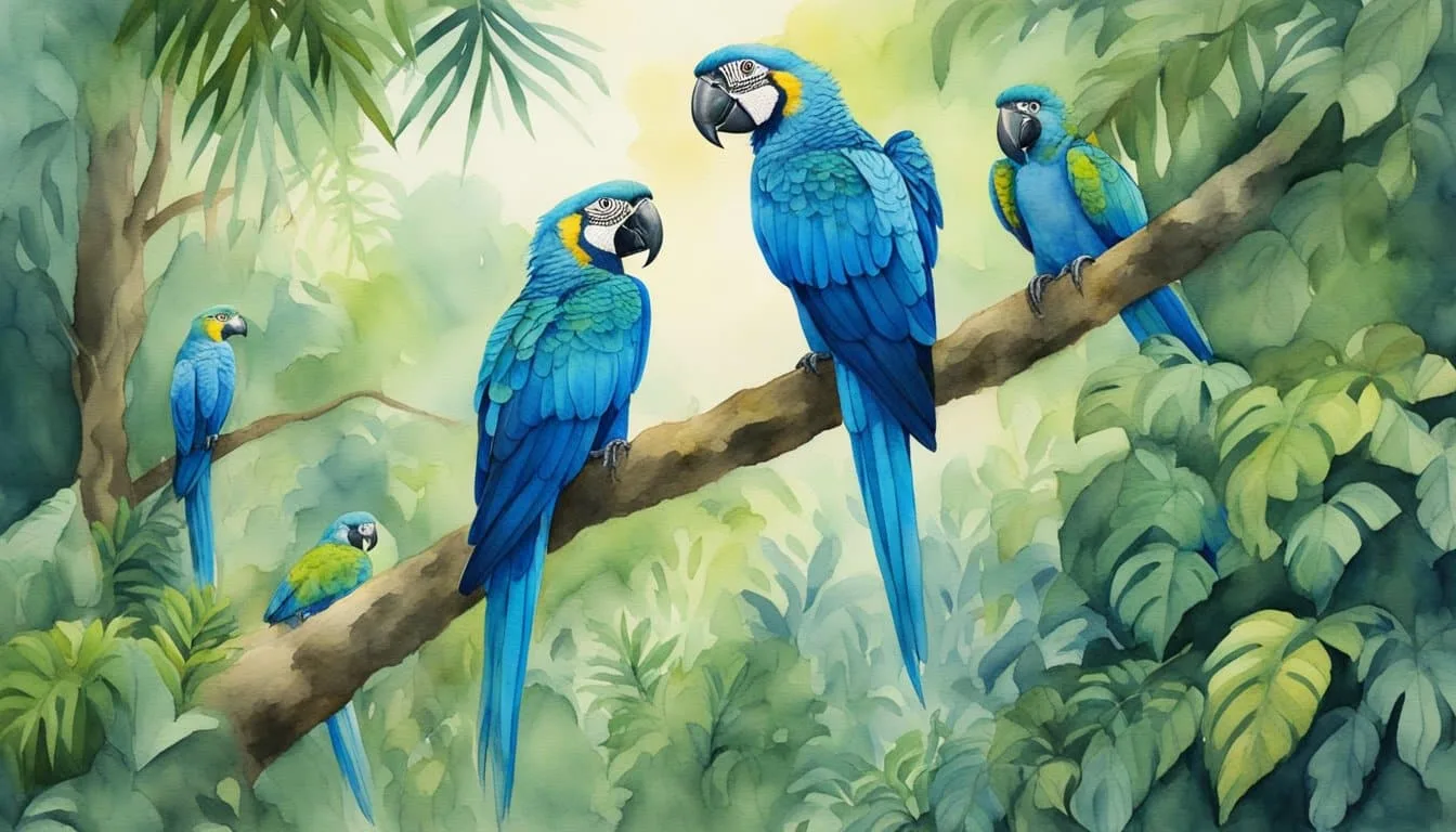 Blue spix macaws perched in a lush forest, conservationists releasing them into the wild.</p><p>Other birds flying overhead