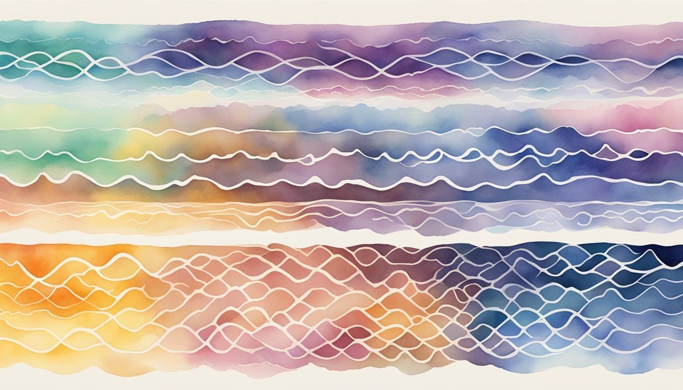 Brain waves fluctuate in different states.</p><p>Delta waves appear slow and deep, while beta waves are fast and active.</p><p>The illustration should show these waves in varying patterns and frequencies