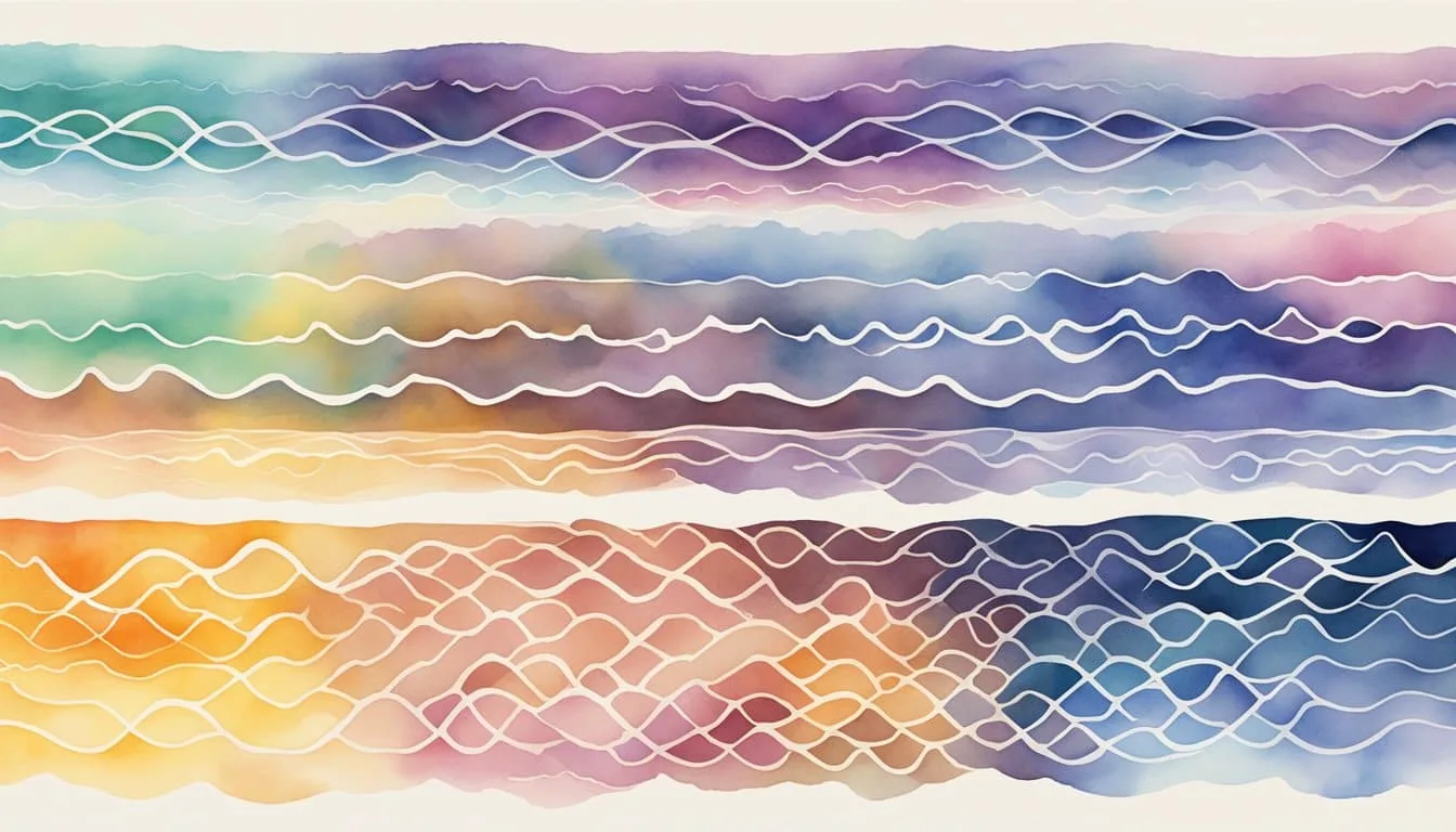 Brain waves fluctuate in different states. Delta waves appear slow and deep, while beta waves are fast and active. The illustration should show these waves in varying patterns and frequencies