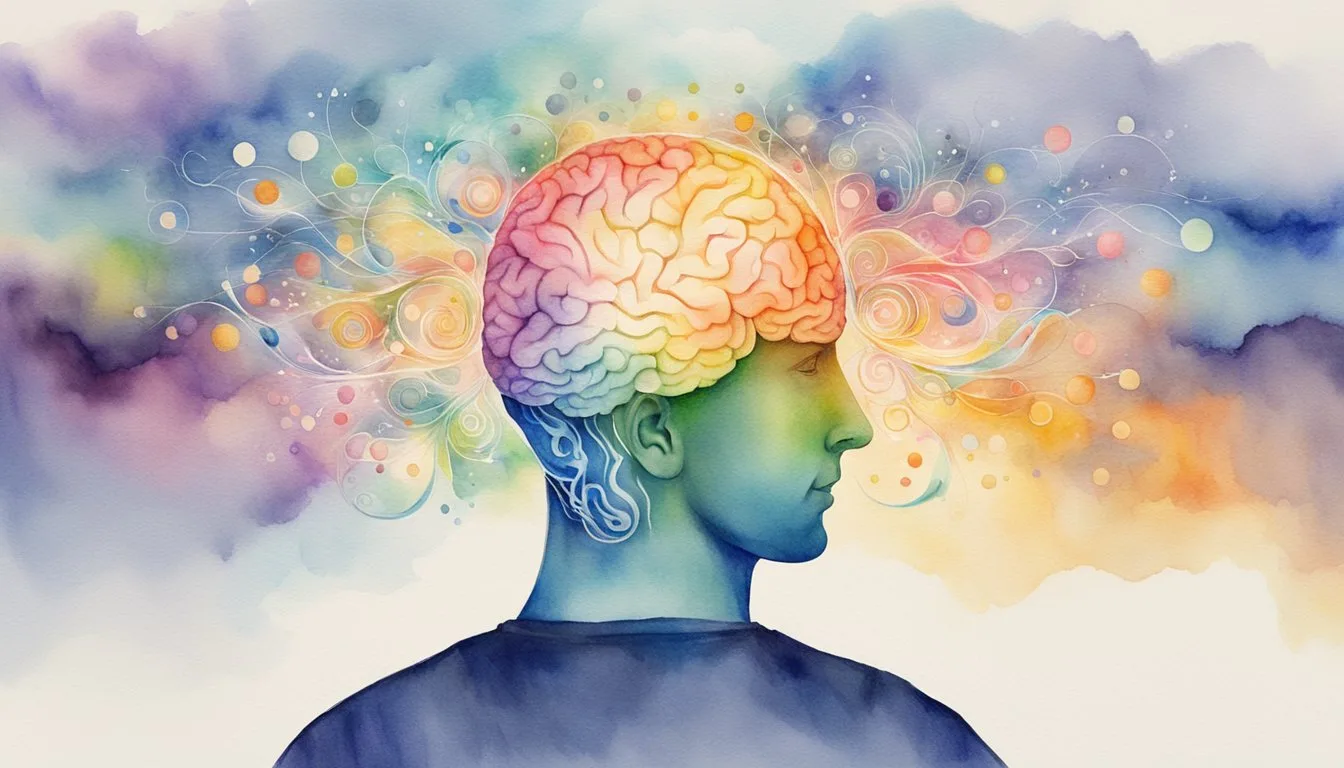 Brain waves emanate from a person's head, transmitting signals. Waves are depicted in various colors and patterns, symbolizing different brain activities
