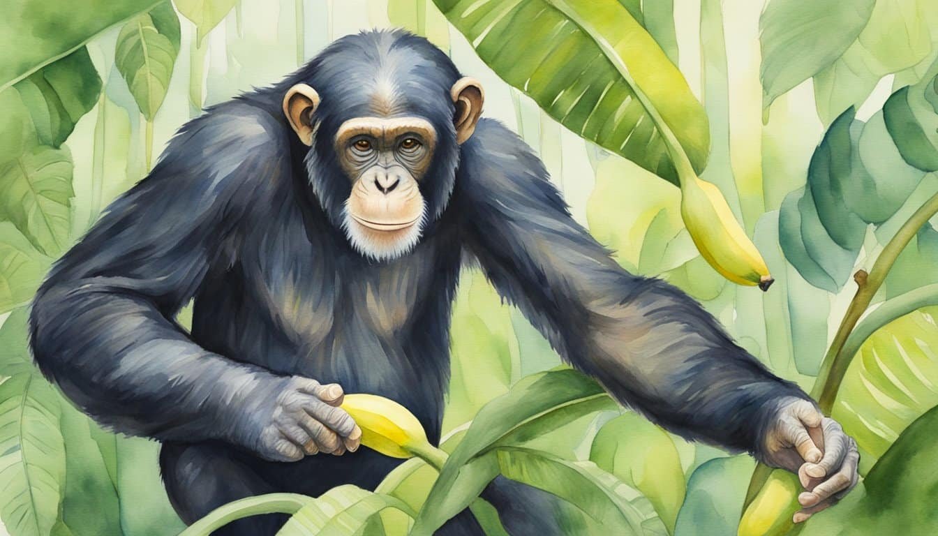 A chimpanzee reaching for a ripe banana in a lush, green forest