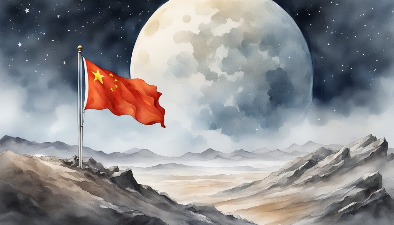 Chinese flag planted on the moon, surrounded by lunar landscape and Earth in the background, symbolizing China's cultural and societal impact through space exploration