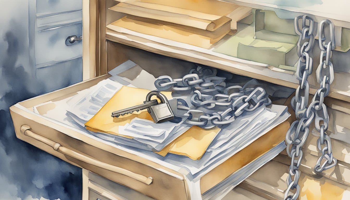 The aftermath of a whistleblower's impact: scattered documents, broken chains, and a shattered lock on a secure file cabinet