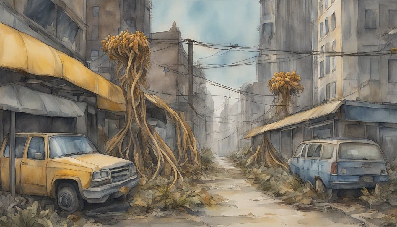 The cordyceps fungus spreads across a post-apocalyptic city, intertwining with buildings and infrastructure, symbolizing its impact on popular culture and media in "The Last of Us."