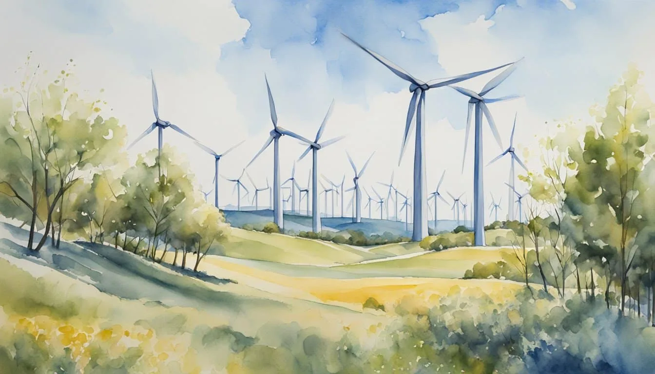 Wind turbines stand tall against a clear blue sky, their blades spinning gracefully in the wind. The surrounding landscape is dotted with these clean energy generators, symbolizing the economic aspects of wind power